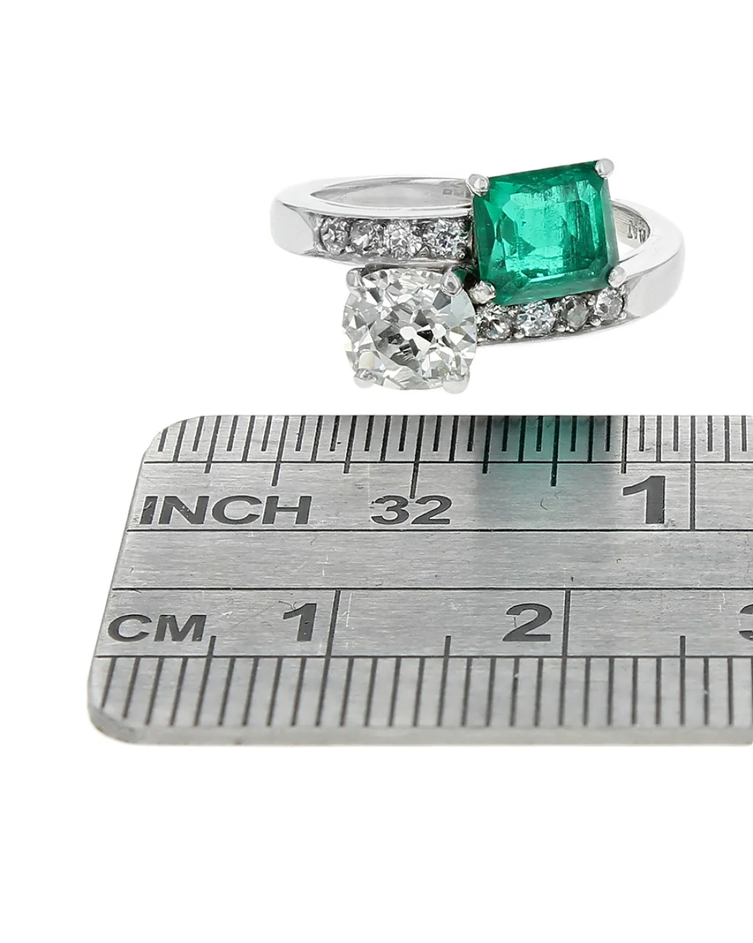 Emerald and Diamond Bypass Ring in Platinum - Image 3