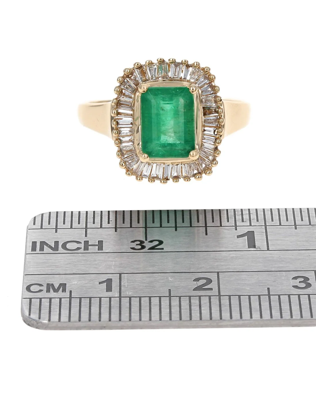 Emerald and Diamond Halo Ring in Yellow Gold - Image 3