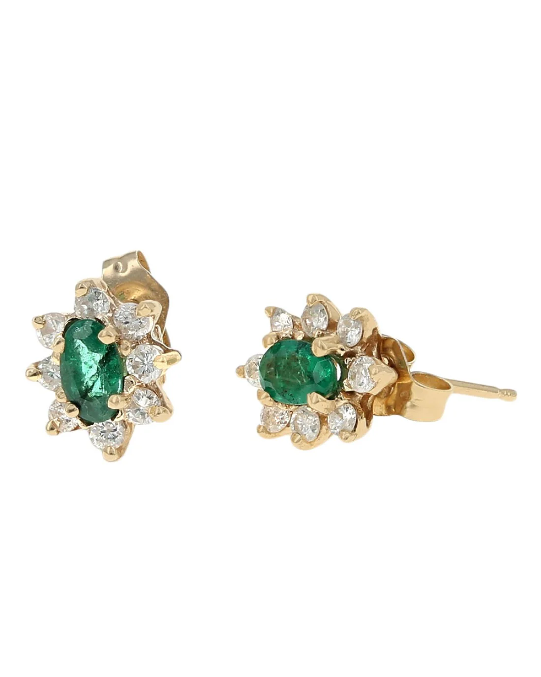 Emerald and Diamond Halo Stud Earrings in Yellow Gold - Image 2