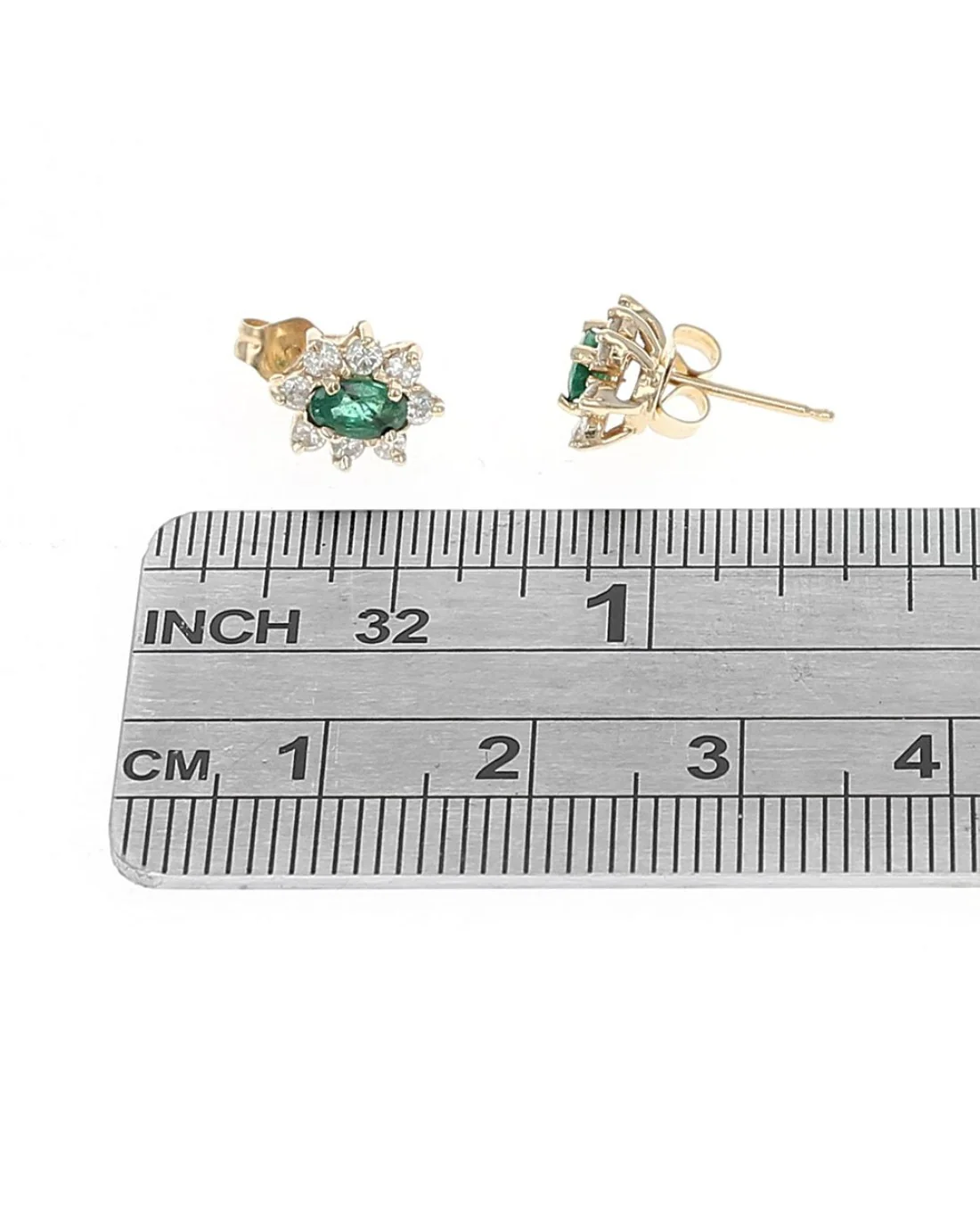 Emerald and Diamond Halo Stud Earrings in Yellow Gold - Image 3