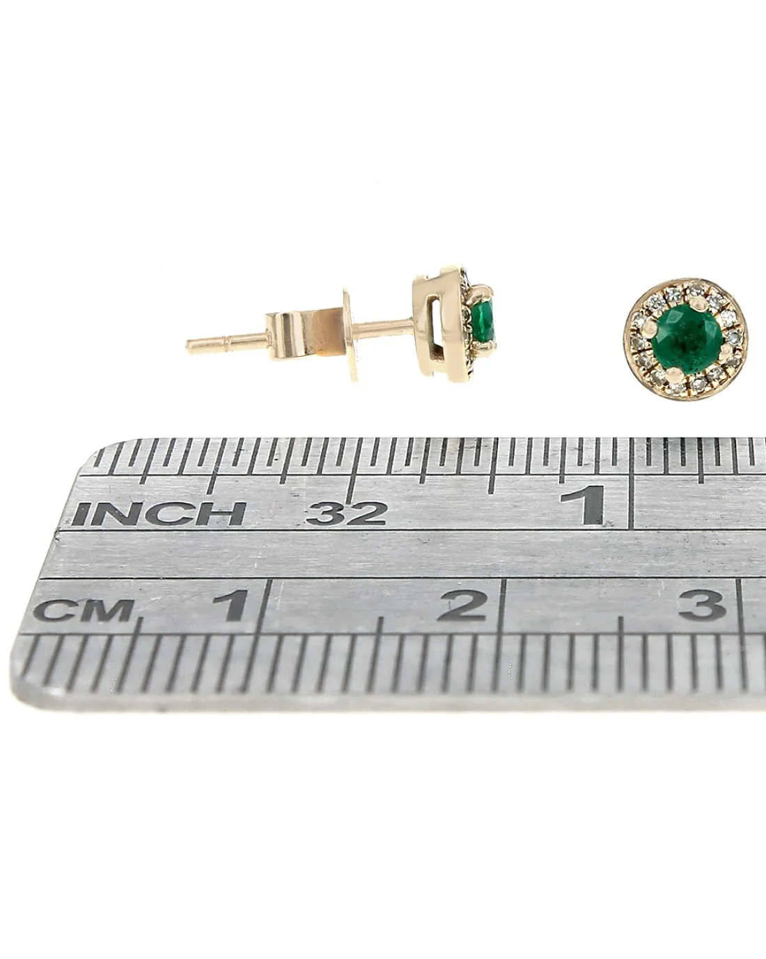 Emerald and Diamond Halo Stud Earrings in Yellow Gold - Image 2