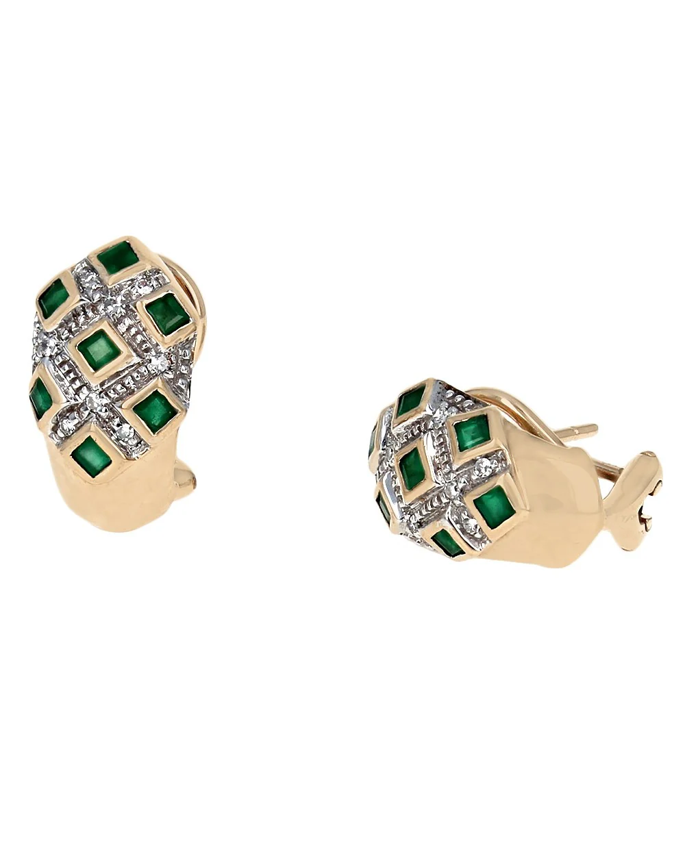 Emerald and Diamond Lattice Earrings in White and Yellow Gold - Image 2