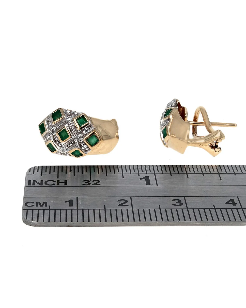 Emerald and Diamond Lattice Earrings in White and Yellow Gold - Image 3