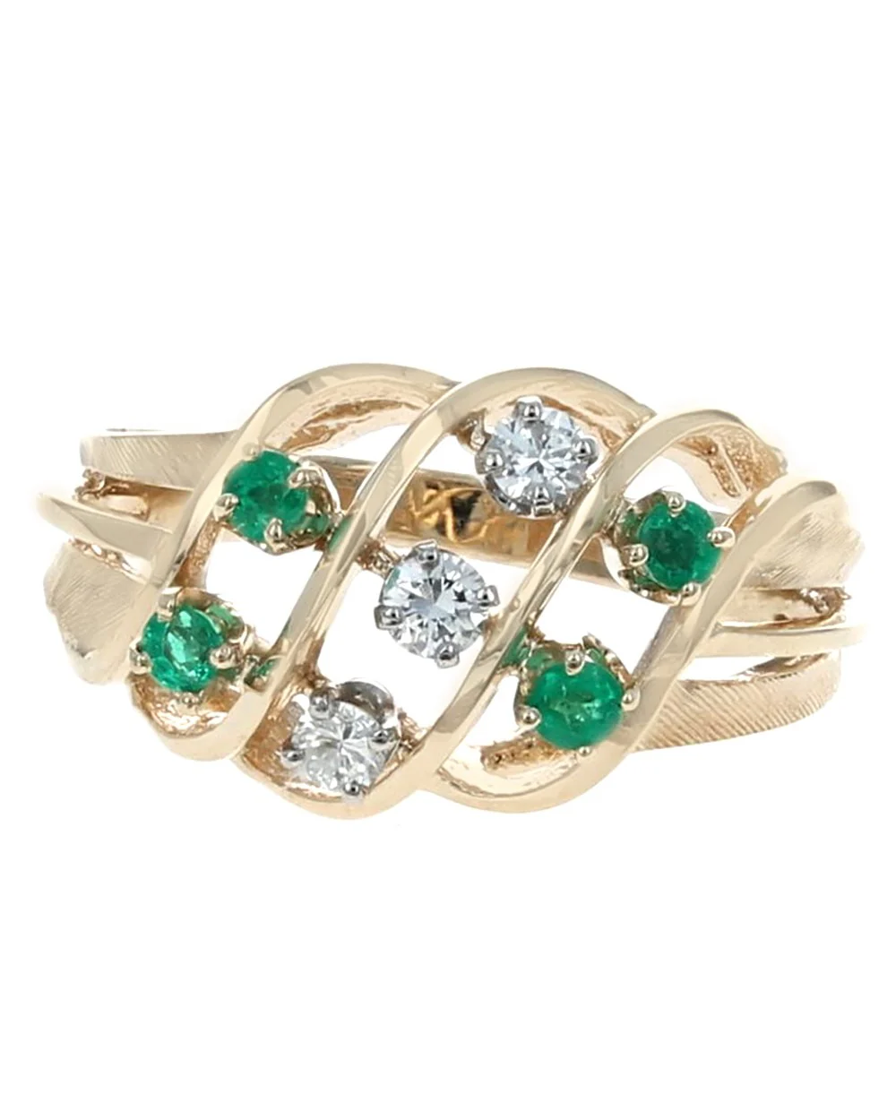 Emerald and Diamond Open Split Shank Ring in Yellow Gold - Image 2