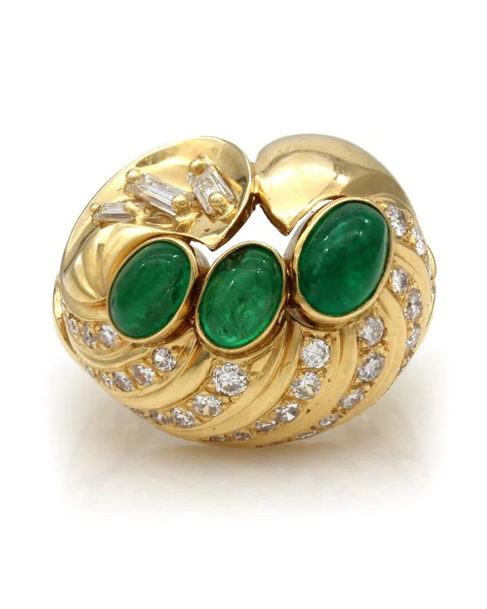 Emerald Cabachon and Diamond Dome Ring in Gold - Image 2