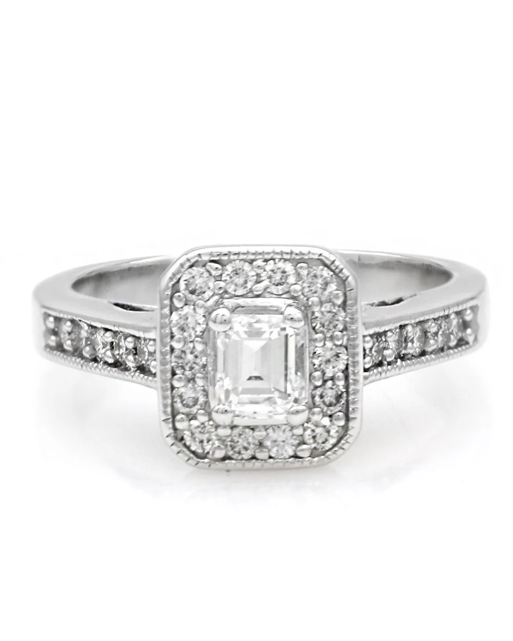 Emerald Cut and Round Diamond Halo Engagement Ring - Image 2
