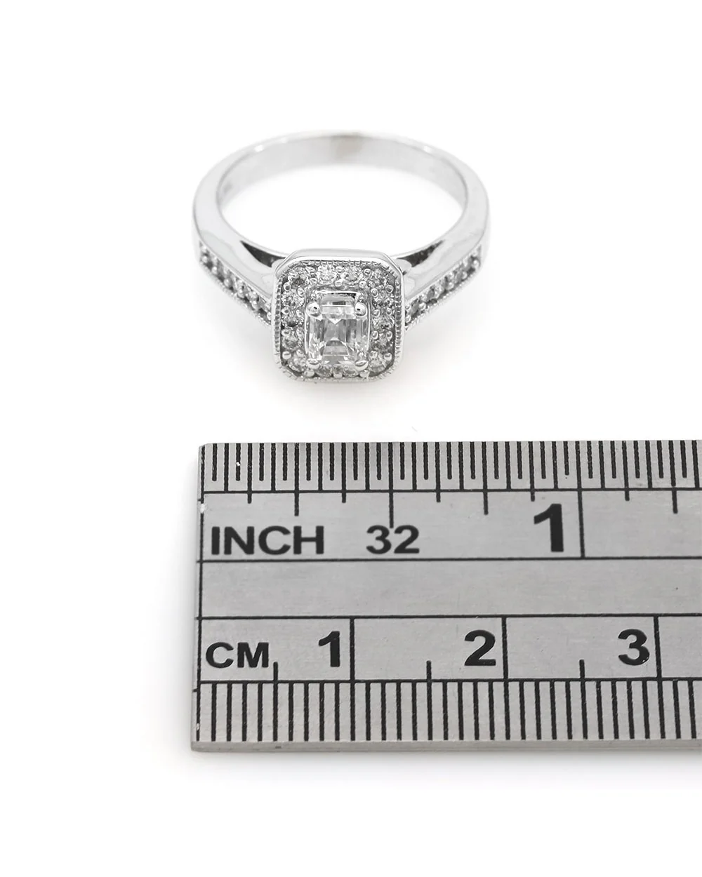 Emerald Cut and Round Diamond Halo Engagement Ring - Image 3
