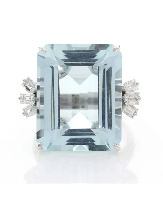 Emerald Cut Aquamarine and Baguette Diamond Ring - Image 2