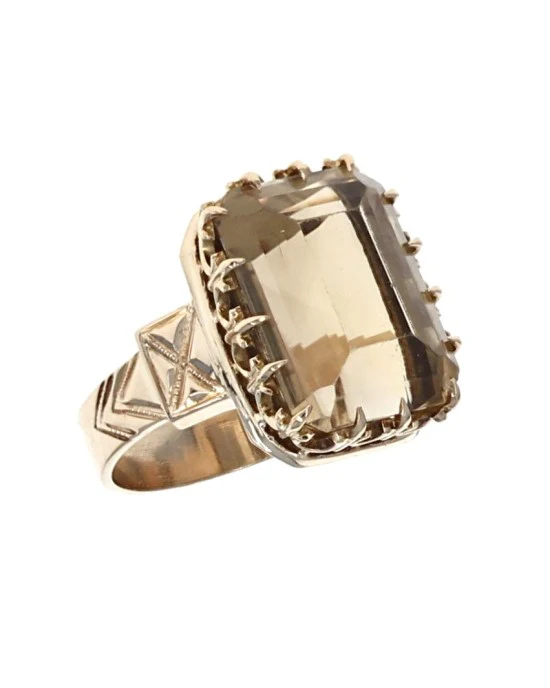 Emerald Cut Citrine Etched Ring