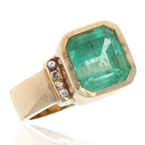 18K Yellow Gold Emerald Cut Emerald and Diamond Accent Ring
