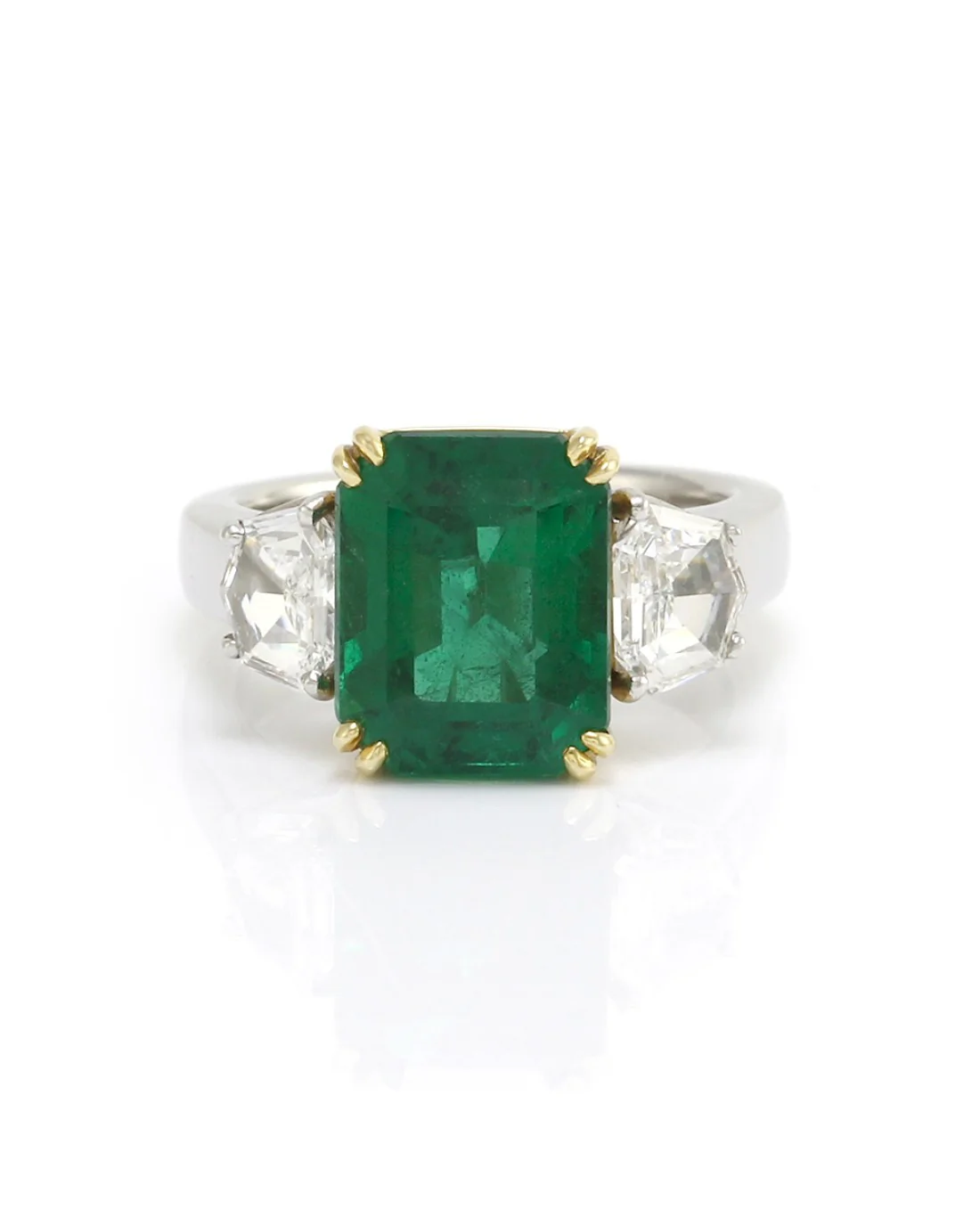 Emerald Cut Emerald with Trapezoid Shaped Diamonds in Platinum and Gold - Image 2