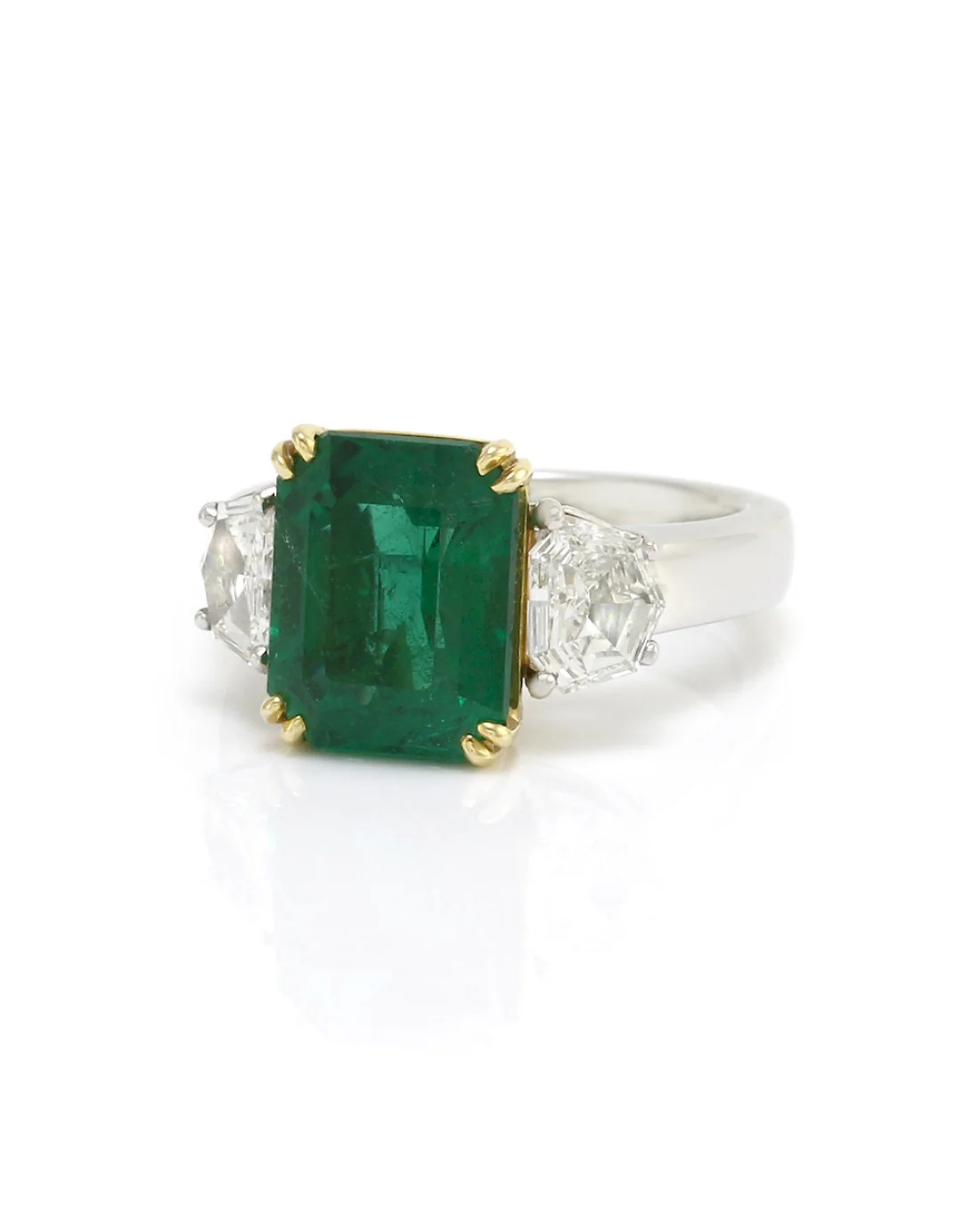 Emerald Cut Emerald with Trapezoid Shaped Diamonds in Platinum and Gold - Image 3