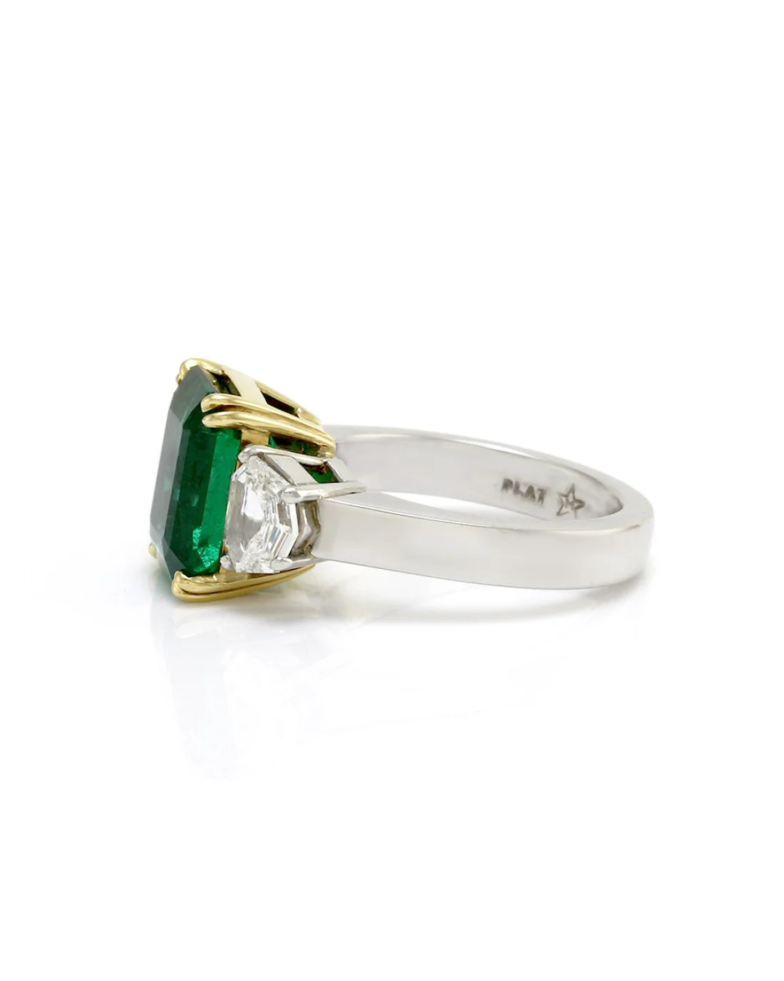 Emerald Cut Emerald with Trapezoid Shaped Diamonds in Platinum and Gold - Image 4