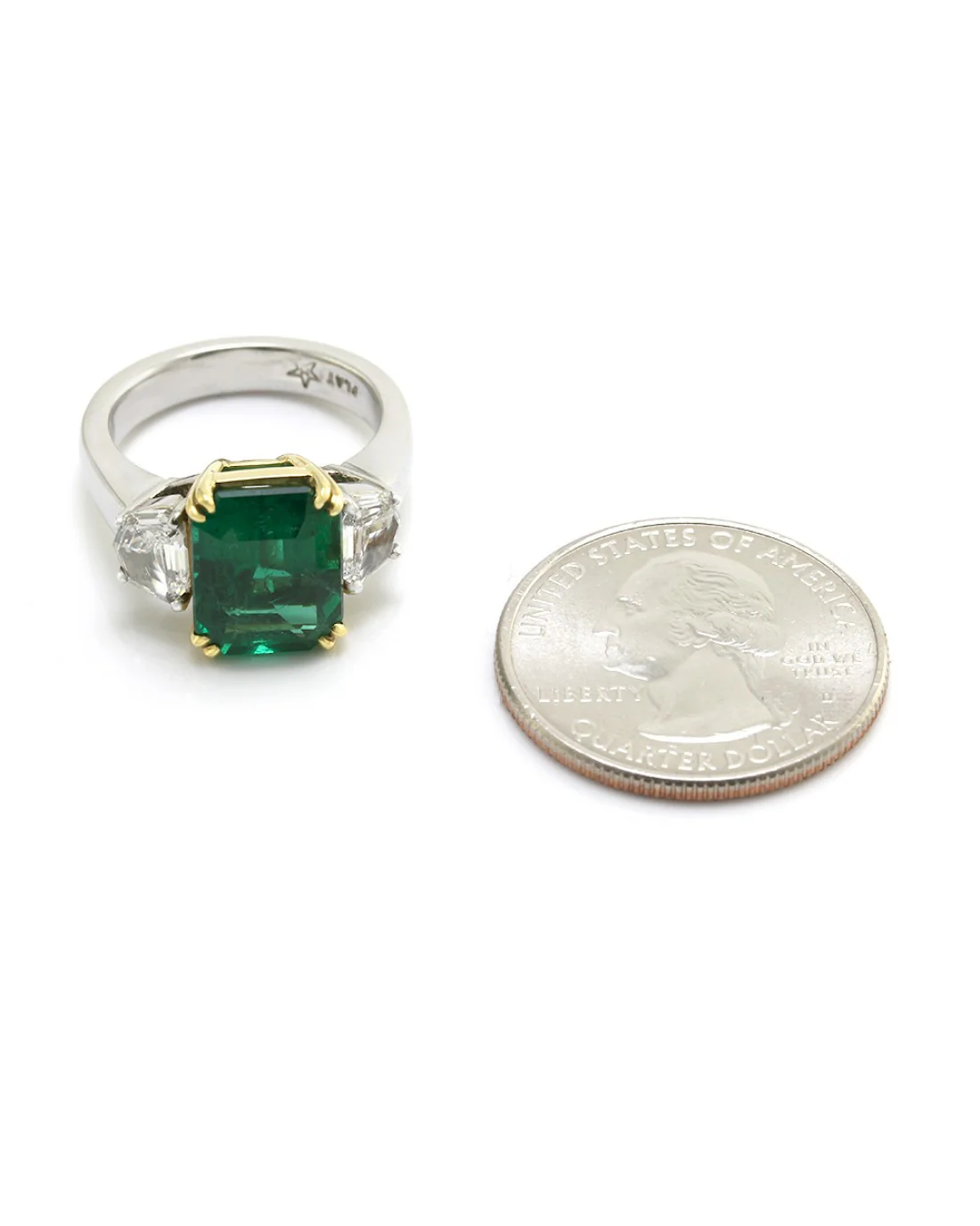 Emerald Cut Emerald with Trapezoid Shaped Diamonds in Platinum and Gold - Image 6