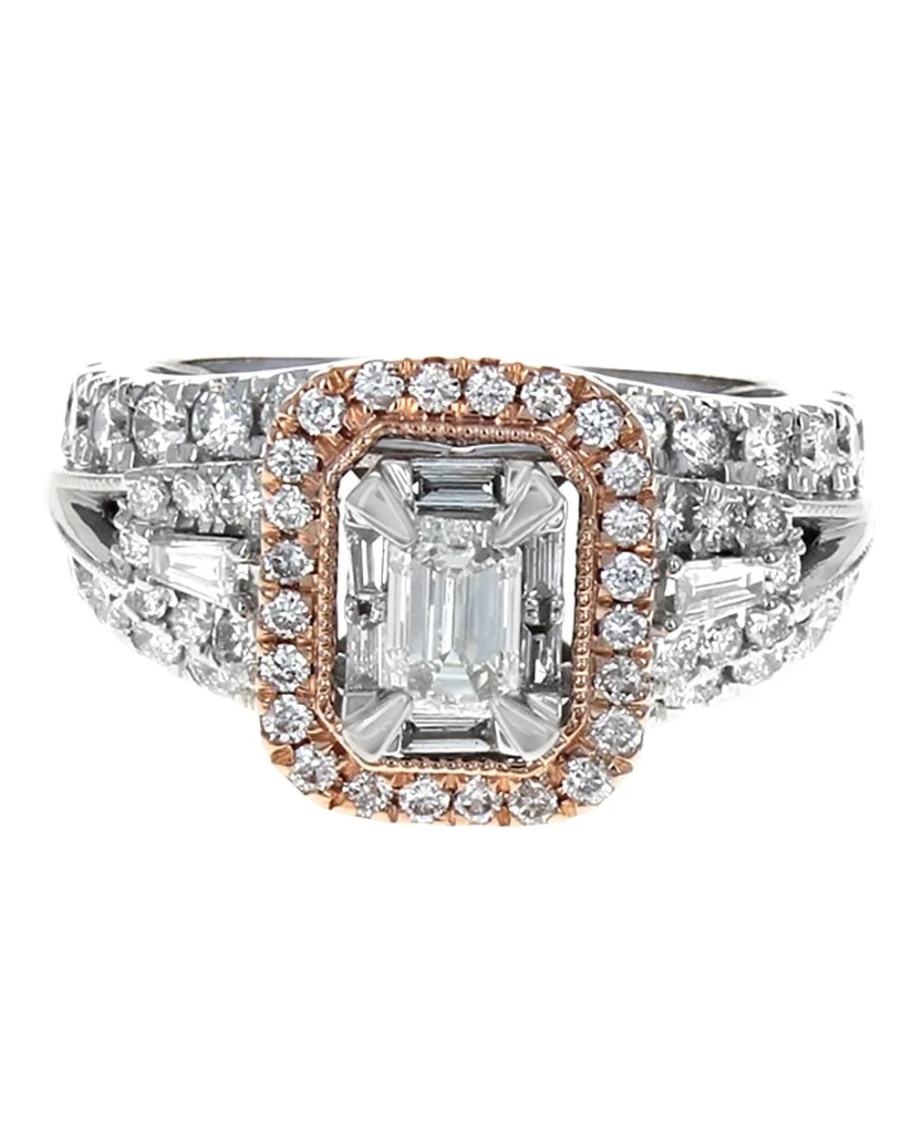 Emerald Cut, Round and Baguette Diamond Ring - Image 2