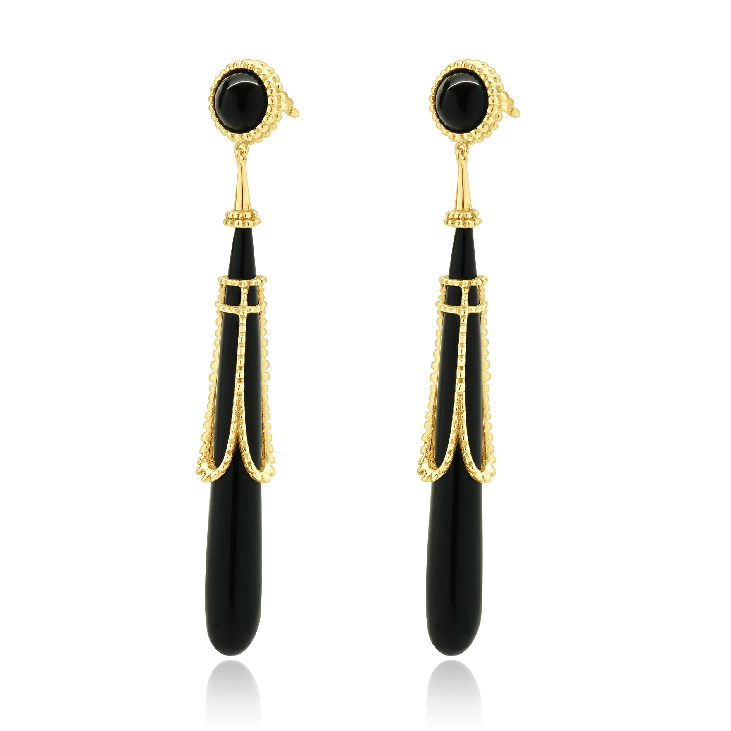 Erte Tirtoff 14 Karat Yellow Gold Vintage Onyx Drop Earrings - Image 2