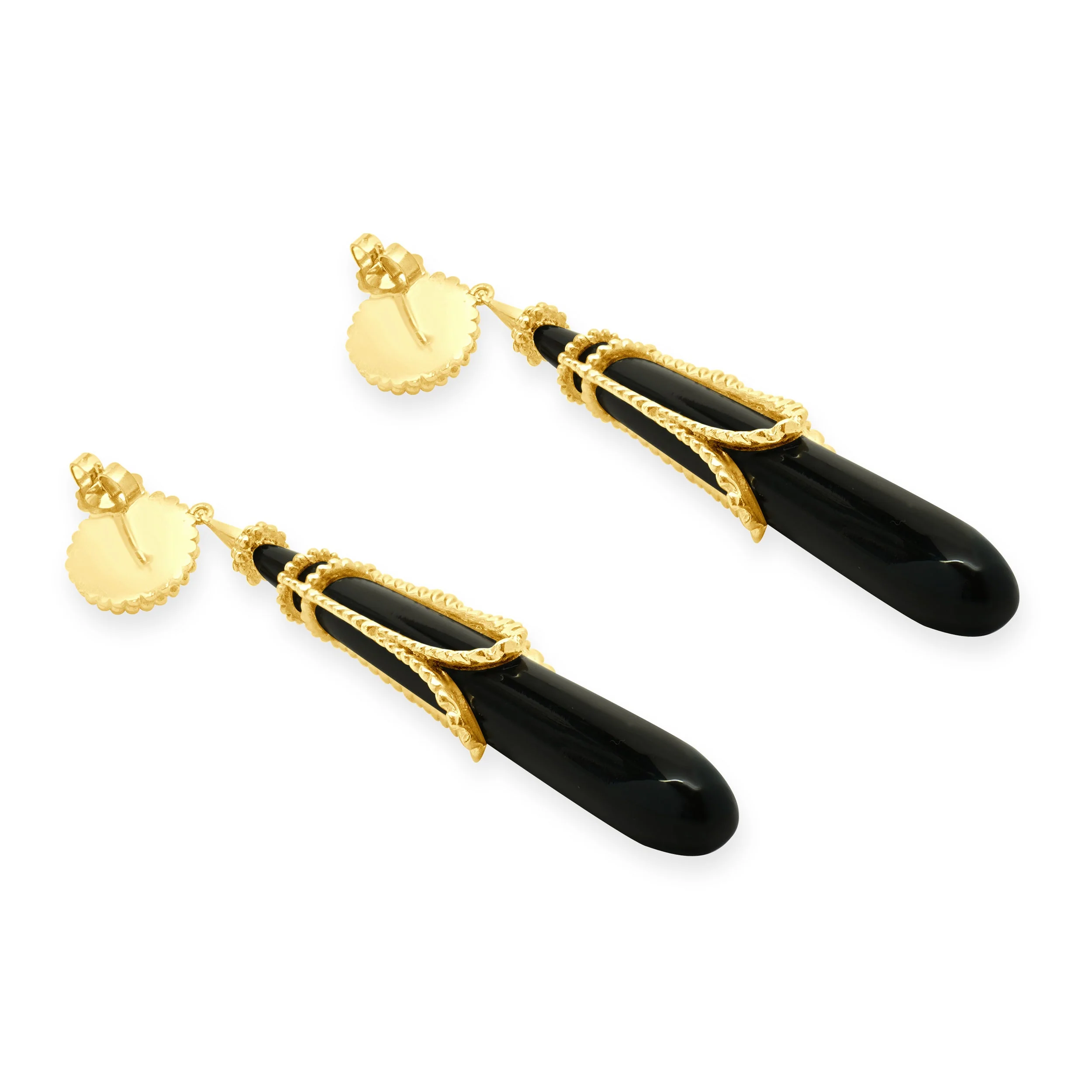 Erte Tirtoff 14 Karat Yellow Gold Vintage Onyx Drop Earrings - Image 3