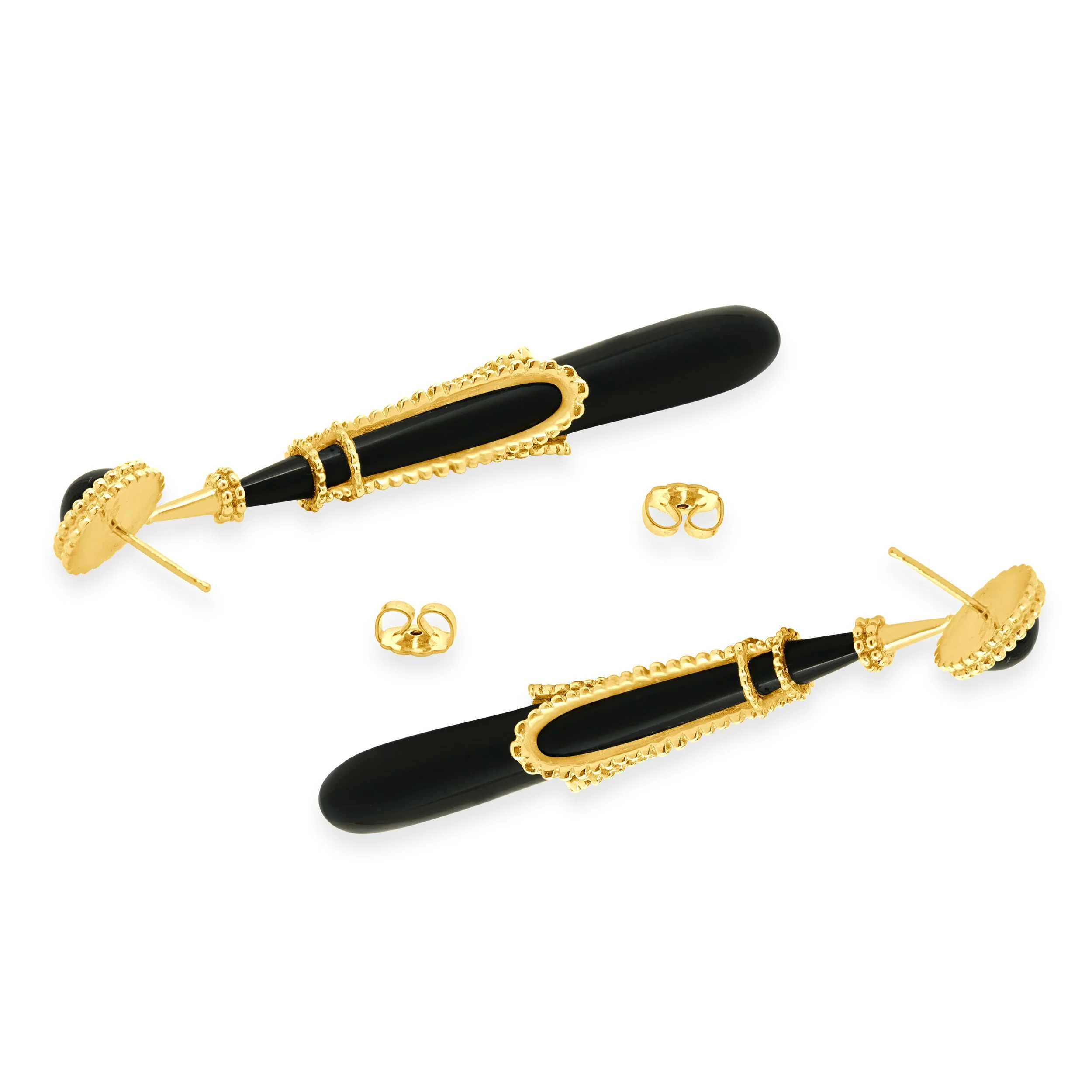 Erte Tirtoff 14 Karat Yellow Gold Vintage Onyx Drop Earrings - Image 4