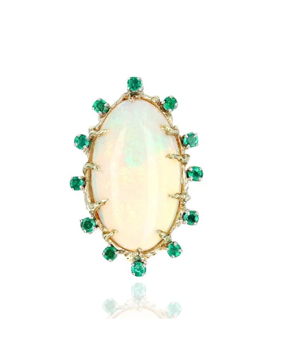 Ethiopian Opal and Emerald Halo Pendant in White and Yellow Gold