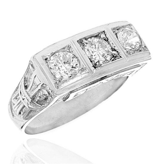 Platinum Vintage European-Cut Diamond Horizontal Ring