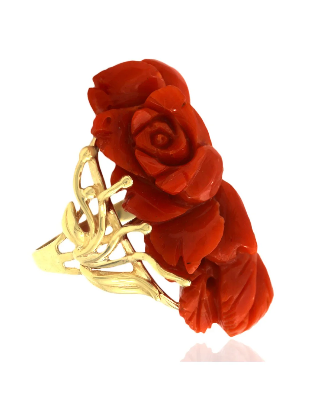 Floral Carved Red Coral Split Shank Ring in Yellow Gold
