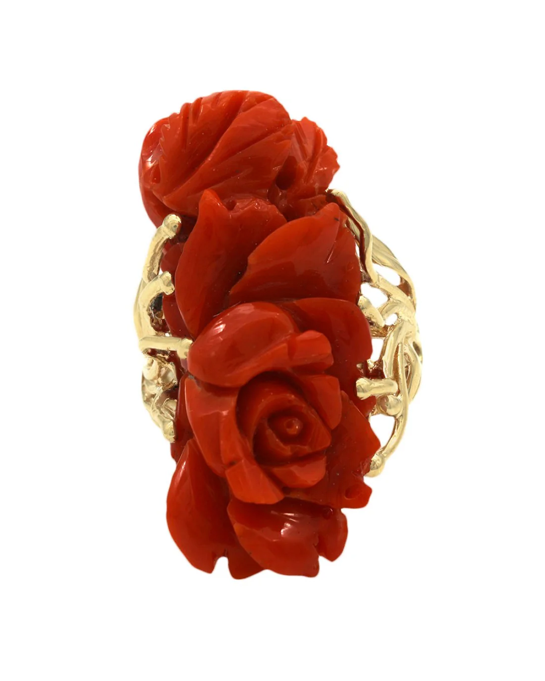 Floral Carved Red Coral Split Shank Ring in Yellow Gold - Image 2