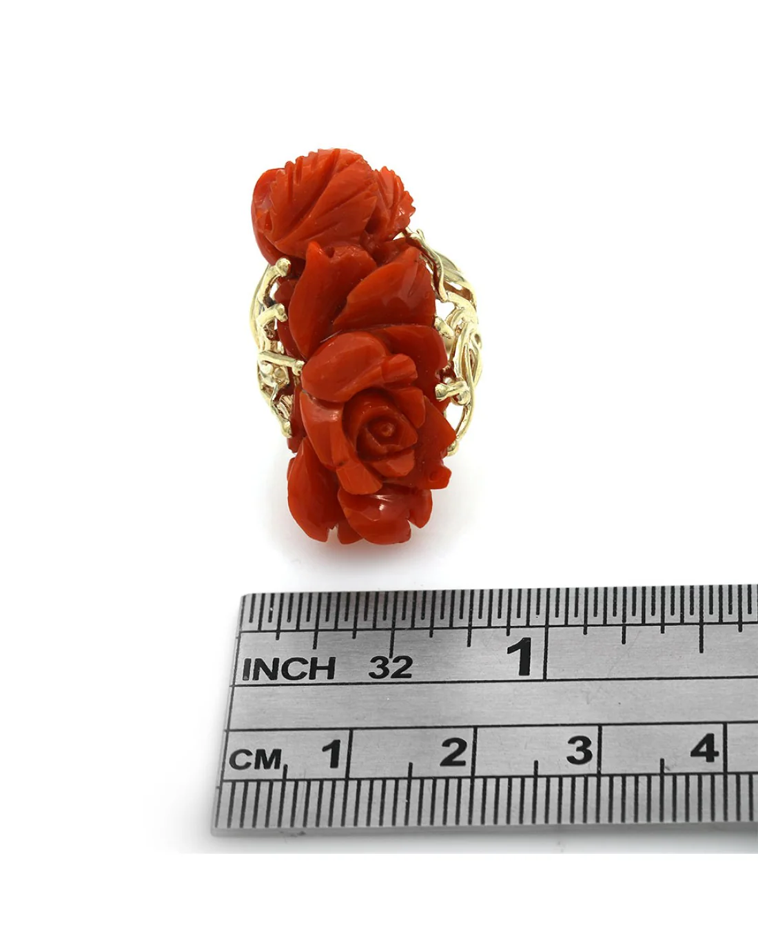Floral Carved Red Coral Split Shank Ring in Yellow Gold - Image 3