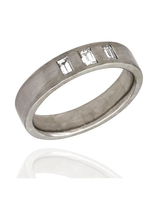 Flush Set Three Stone Baguette Diamond Band with Satin Finish in 14k White Gold