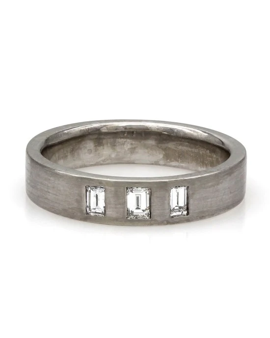Flush Set Three Stone Baguette Diamond Band with Satin Finish in 14k White Gold - Image 2