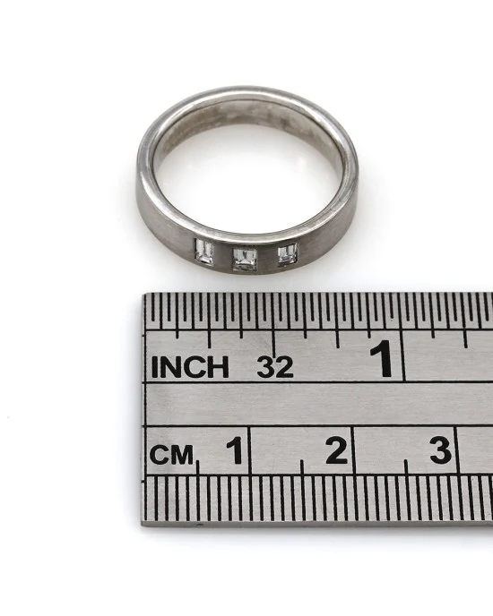 Flush Set Three Stone Baguette Diamond Band with Satin Finish in 14k White Gold - Image 4