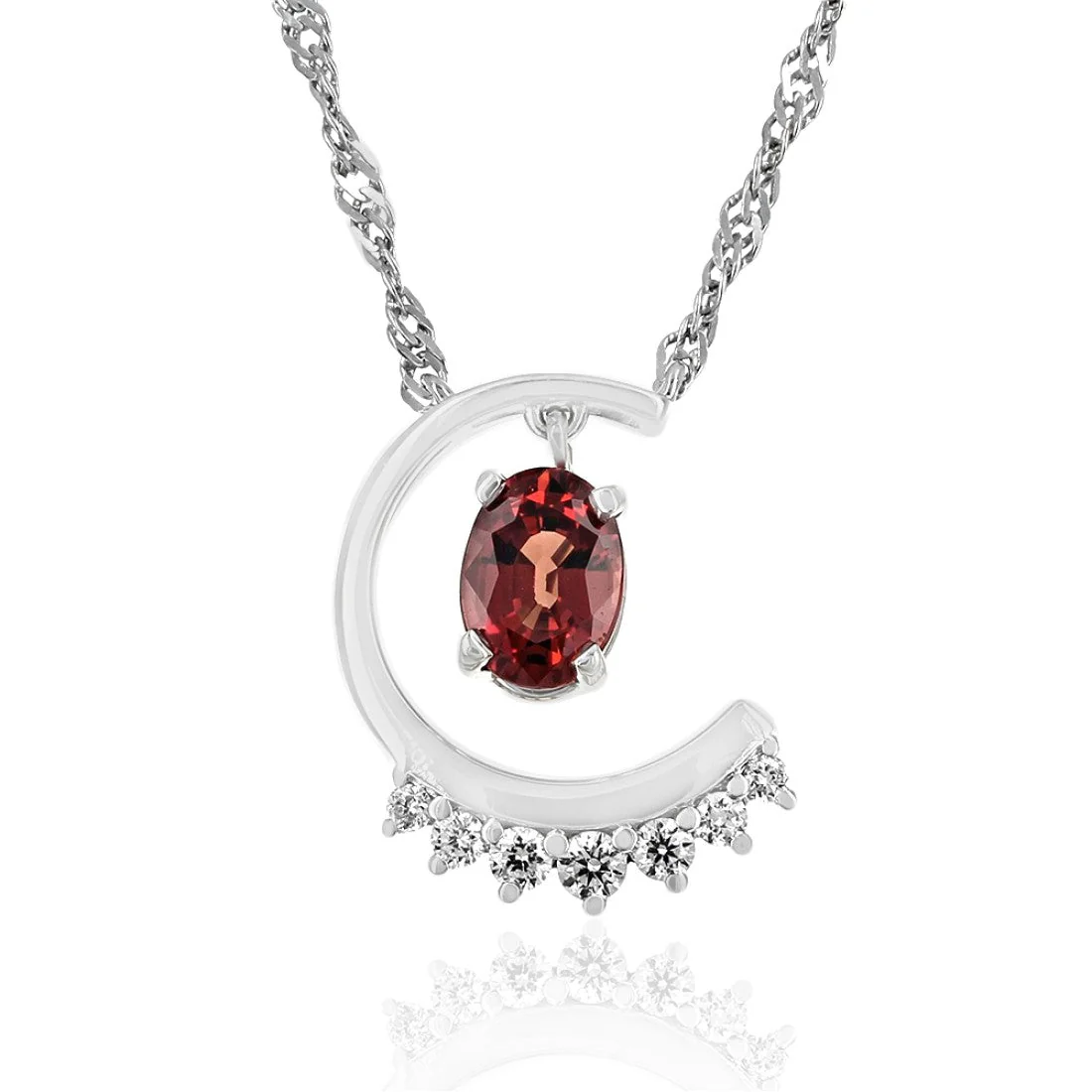 14K White Gold Garnet and Diamond Crescent Shaped Station Necklace