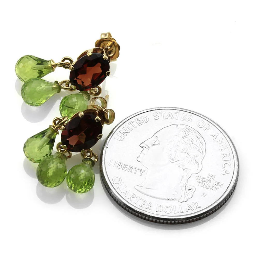 14K Yellow Gold Garnet & Peridot Briolette Drop Earrings - Image 3