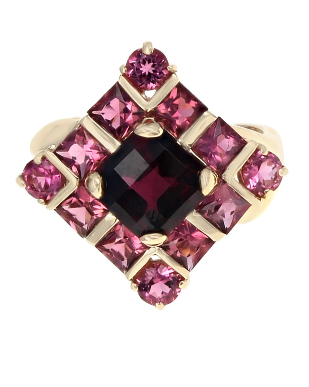 Garnet and Pink Tourmaline Kite Shape Ring in Yellow Gold - Image 2