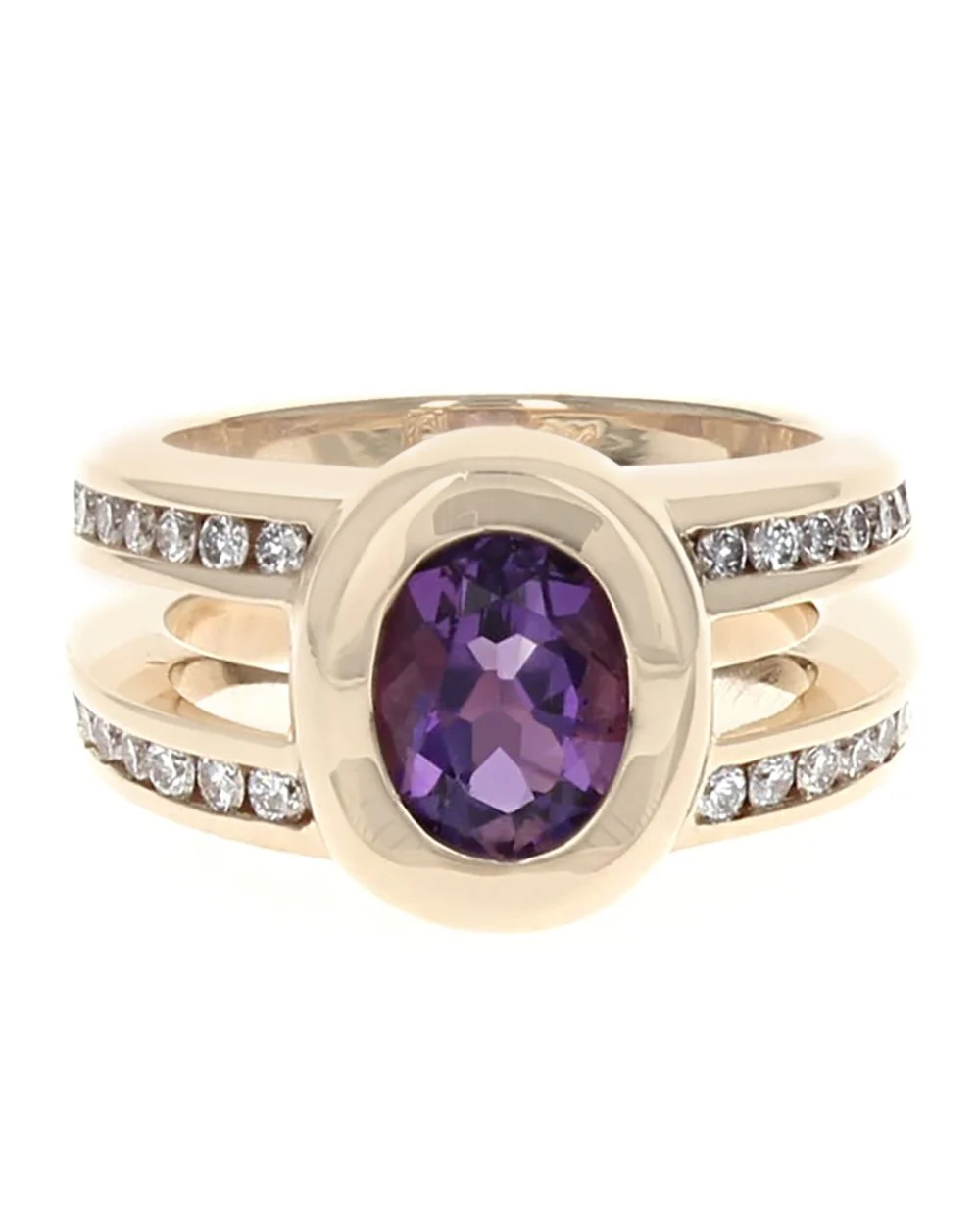 Gauthier Amethyst and Diamond Split Shank Ring in Yellow Gold - Image 2