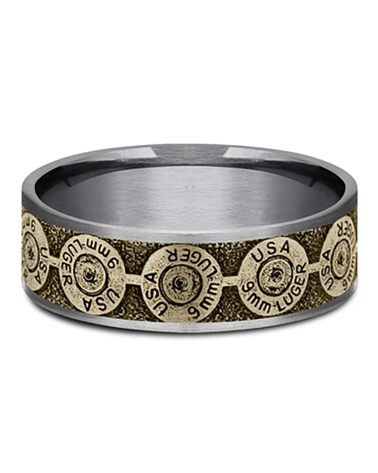 Gentlemen's 12 Gauge Bullet Back Pattern Comfort Fit Band in Tantalum and Yellow Gold - Image 2