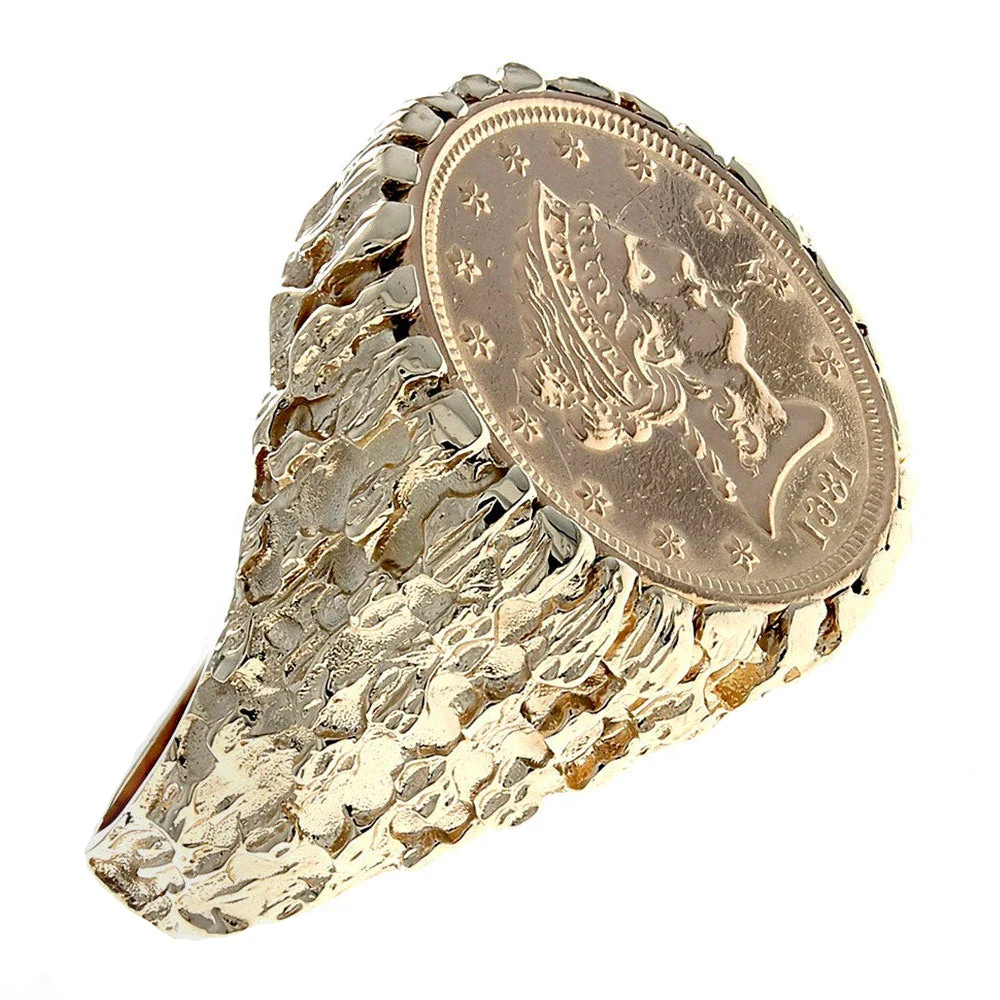 Gentlemen's 1861 Liberty Coin Nugget Style Ring in Yellow Gold