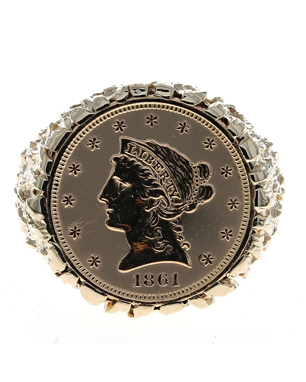 Gentlemen's 1861 Liberty Coin Nugget Style Ring in Yellow Gold - Image 2