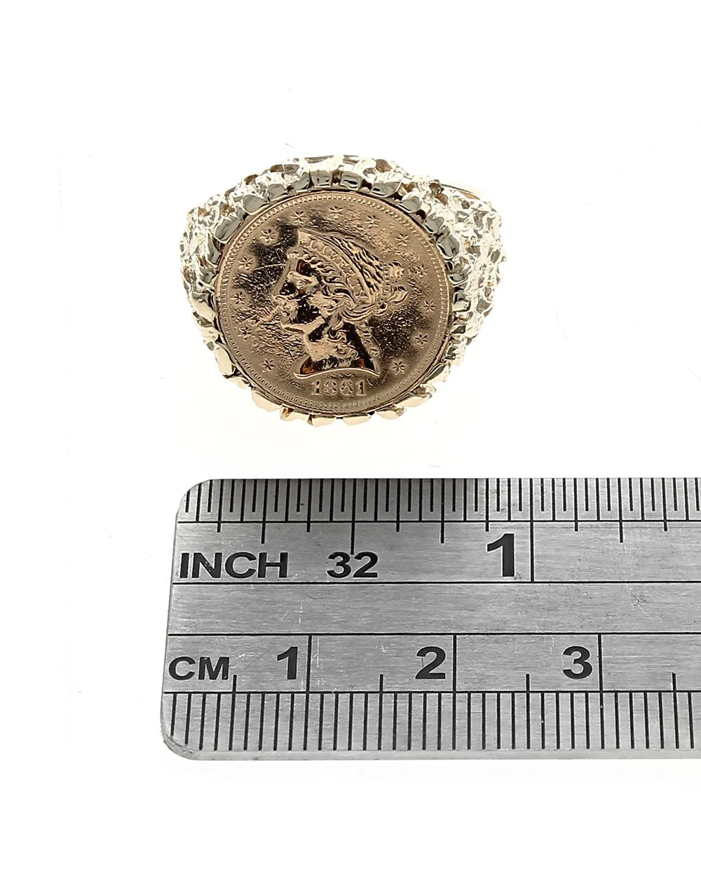 Gentlemen's 1861 Liberty Coin Nugget Style Ring in Yellow Gold - Image 3