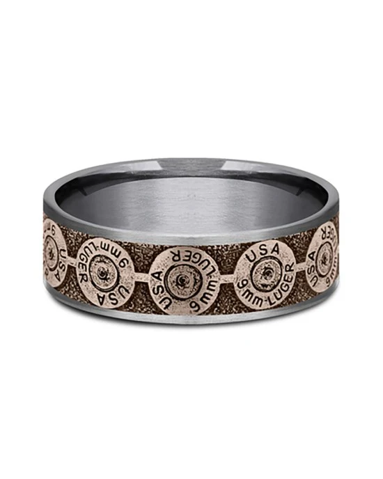 Gentlemen's 9mm Luger Bullet Back Comfort Fit Band in Tantalum and Rose Gold - Image 2