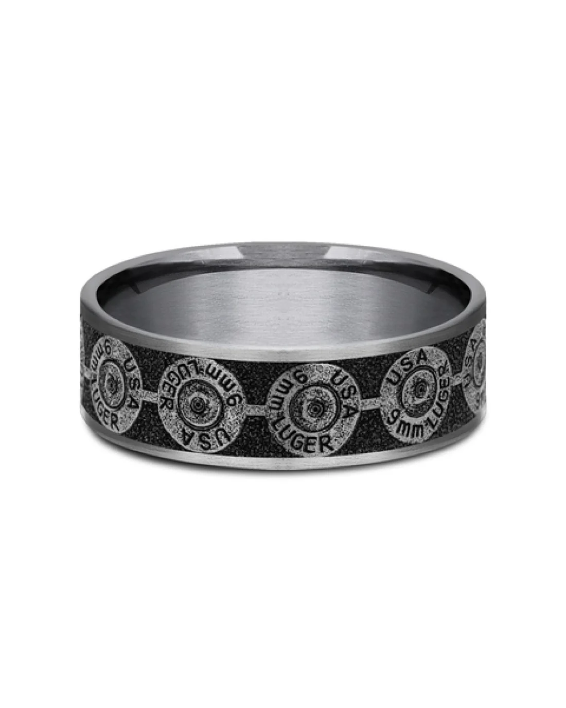 Gentlemen's 9mm Luger Bullet Back Comfort Fit Band in Tantalum and Titanium - Image 2