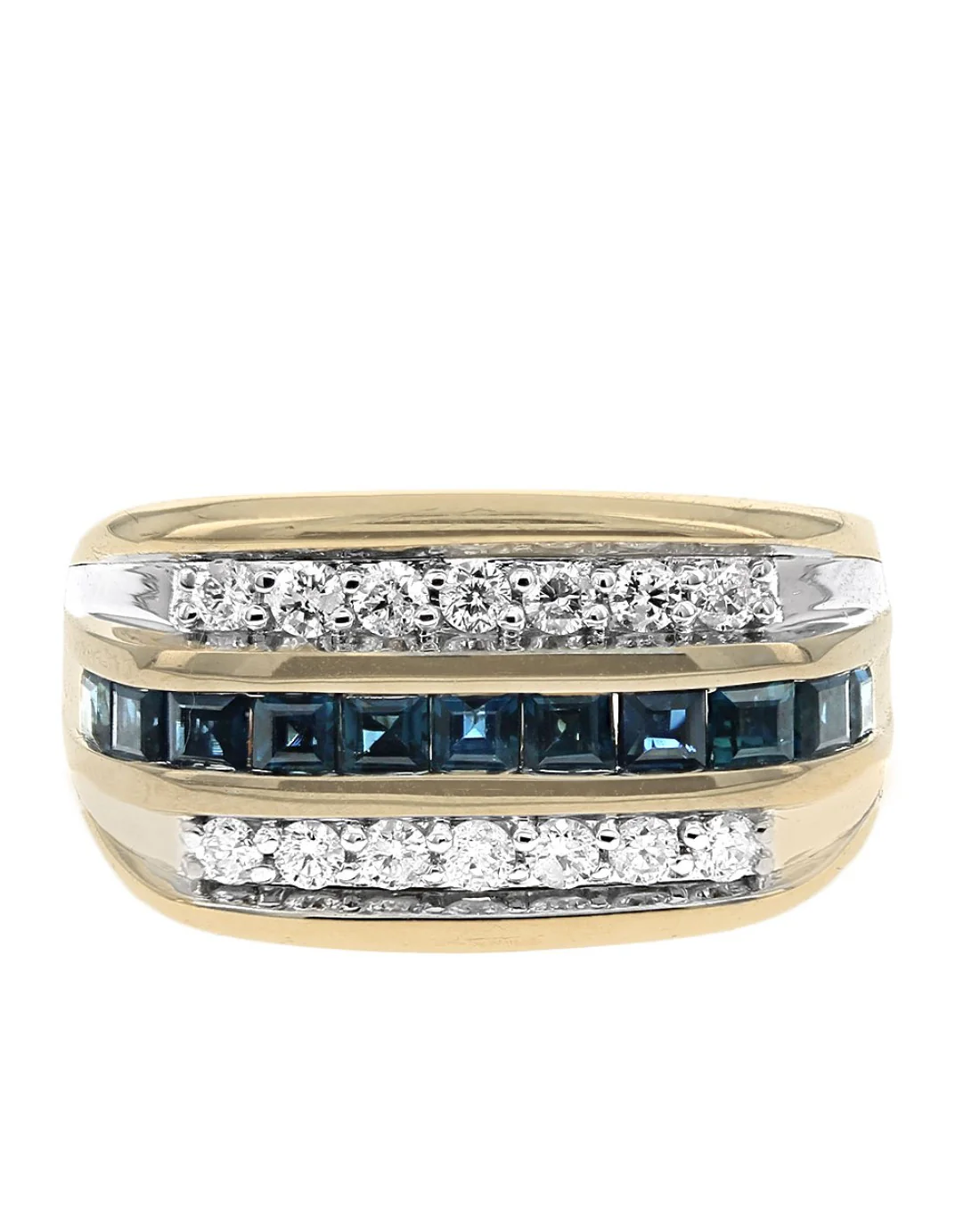 Gentlemen's Alternating 3 Row Diamond and Blue Sapphire Ring in White and Yellow Gold - Image 2