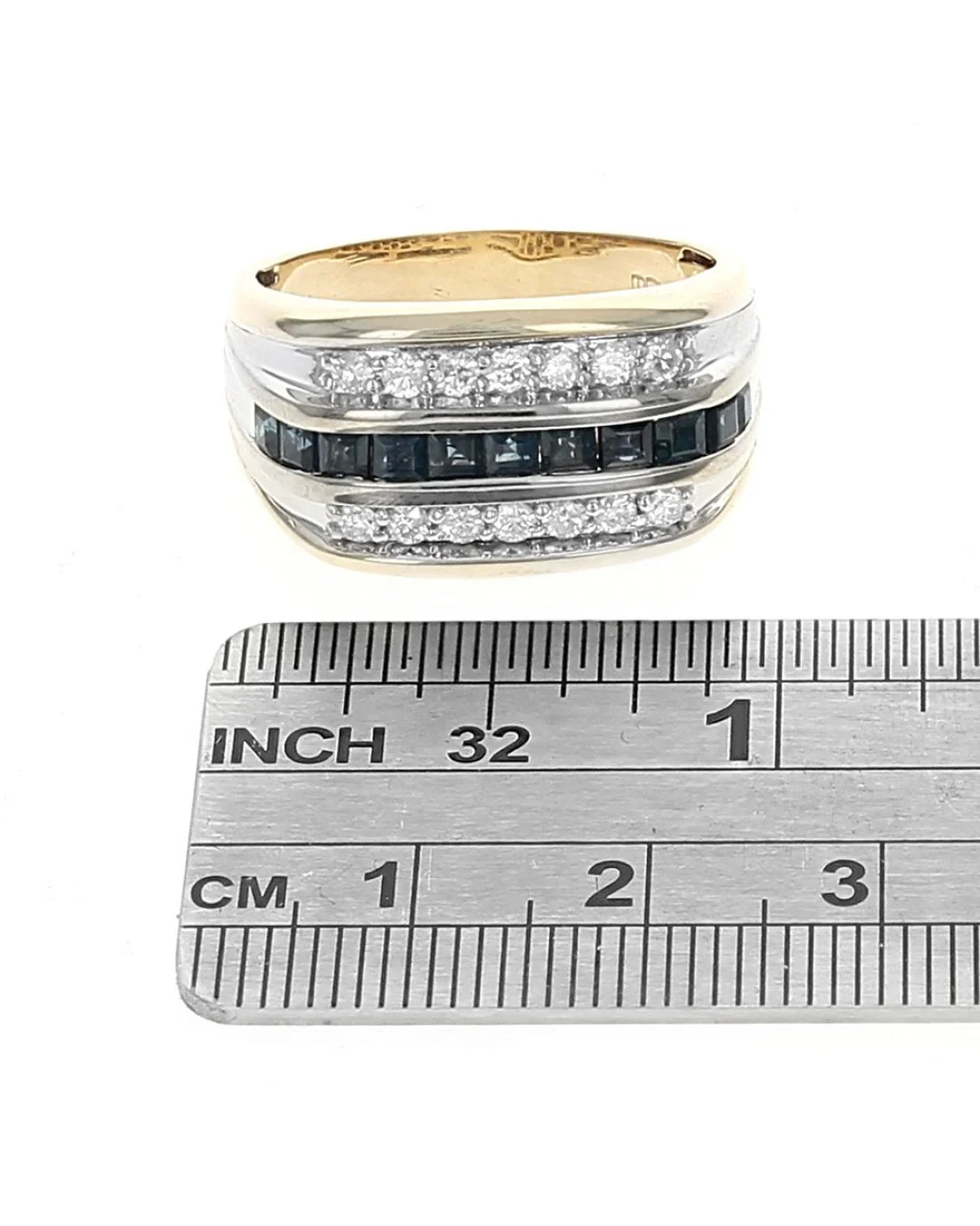Gentlemen's Alternating 3 Row Diamond and Blue Sapphire Ring in White and Yellow Gold - Image 3