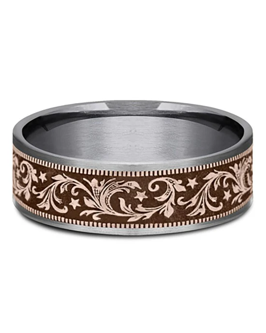 Gentlemen's Barrel Script Pattern Comfort Fit Band in Tantalum and Yellow Gold - Image 2