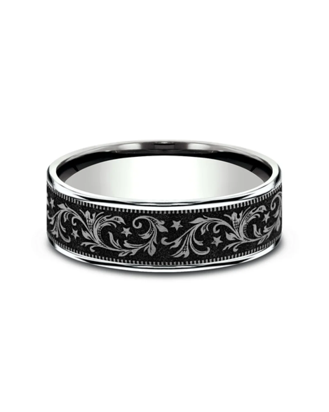 Gentlemen's Barrel Script Pattern Comfort Fit Band in White Gold and Titanium - Image 2