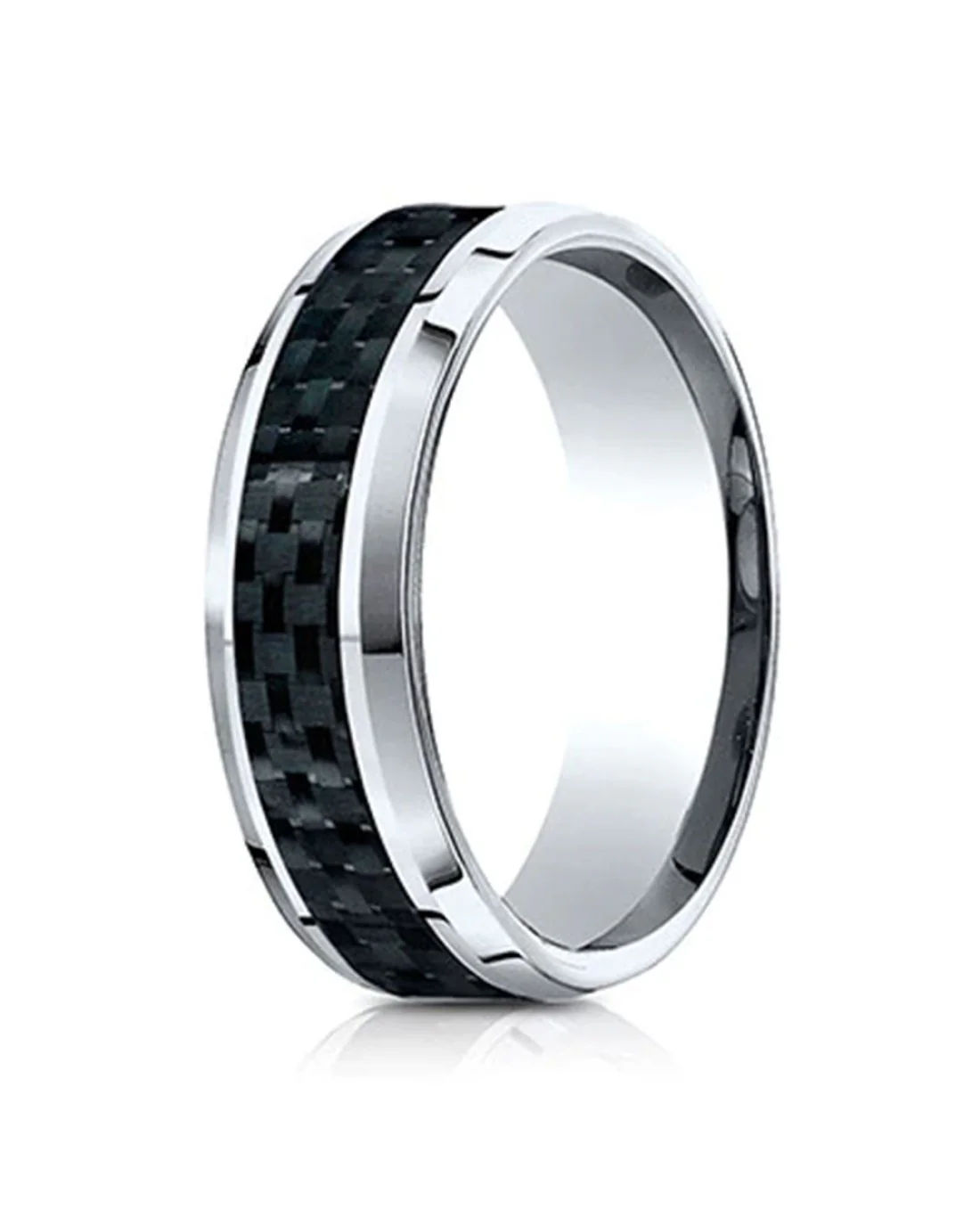 Gentlemen's Black Carbon Fiber Beveled Edge Comfort Fit Band in Tungsten - Image 2