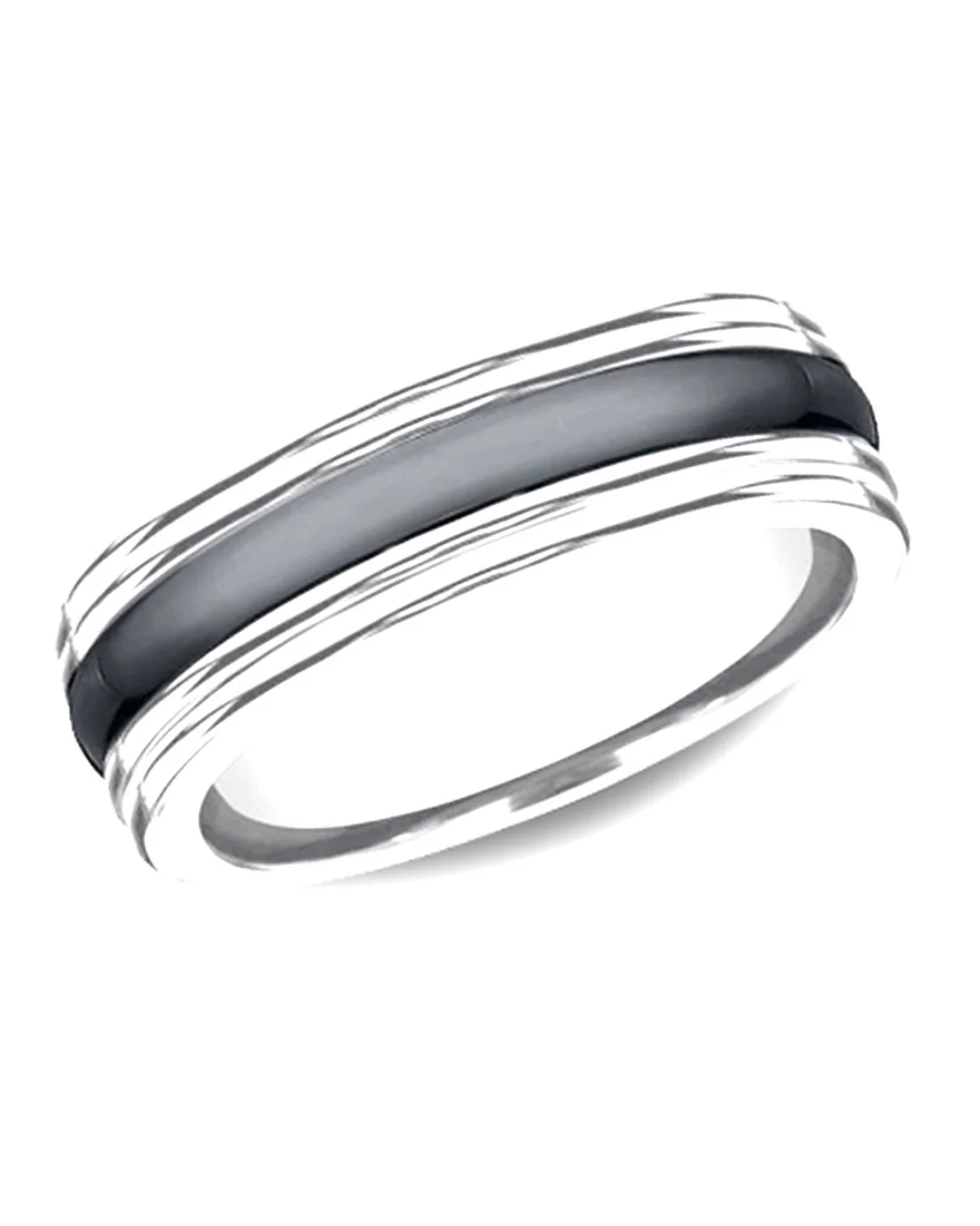 Gentlemen's Black Ceramic Fluted Round Edge Comfort Fit Band in Tungsten