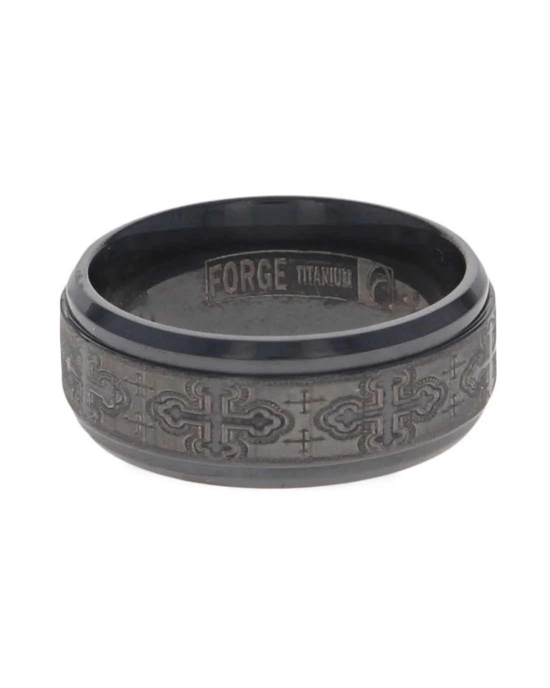 Gentlemen's Cross Pattern Beveled Edge Comfort Fit Band in Black Titanium - Image 2
