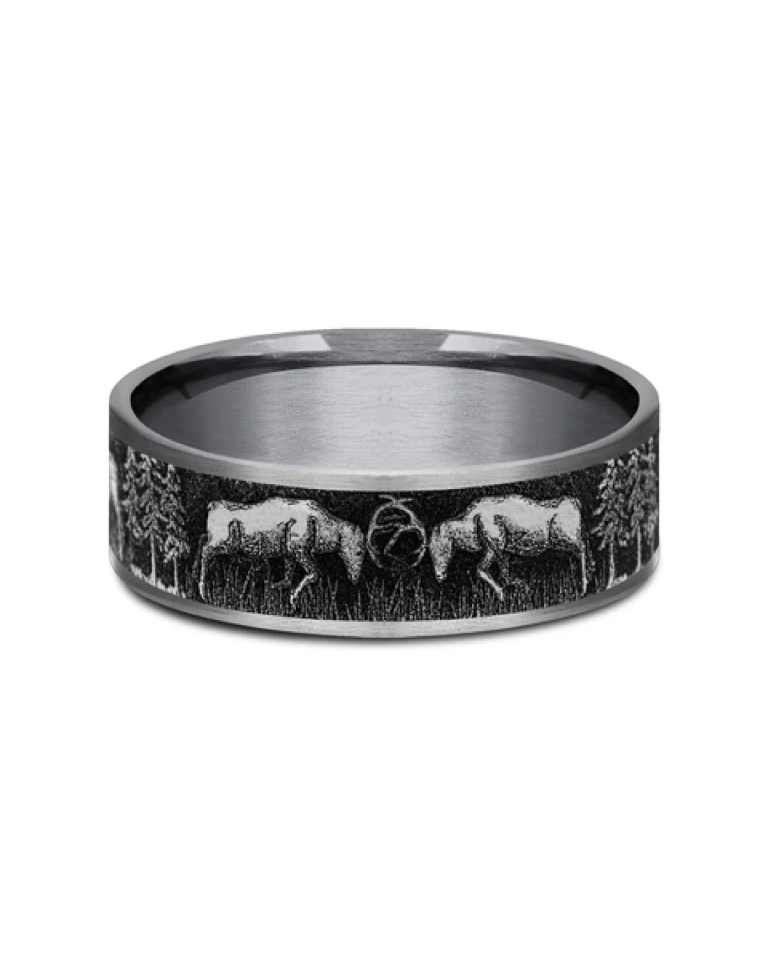 Gentlemen's Deer Fight Design Comfort Fit Band in Tantalum and Titanium - Image 2