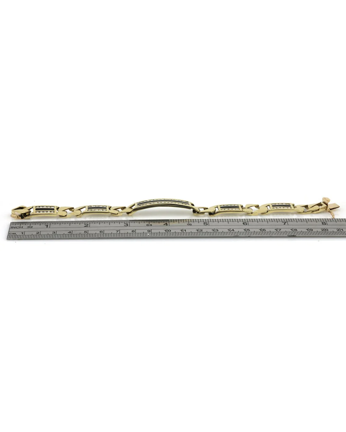 Gentlemen's Diamond and Onyx Square Curb Chain Station Bracelet in Yellow Gold - Image 3