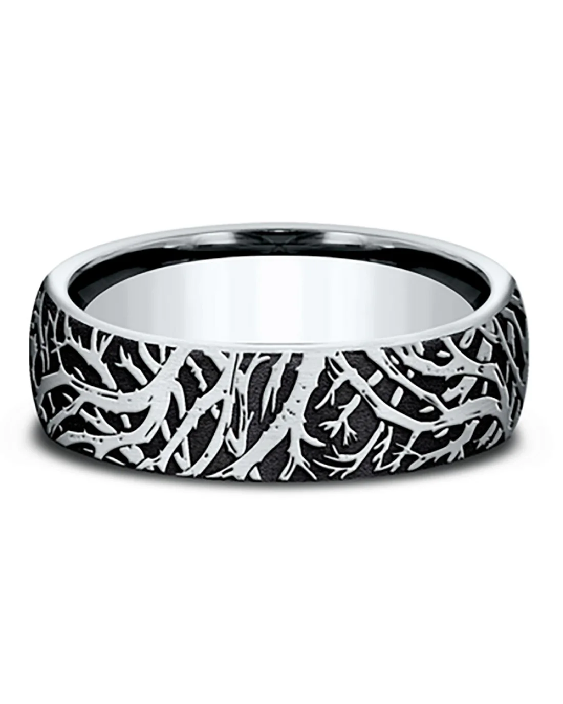 Gentlemen's Forest Branch Thin Edge Comfort Fit Band in Grey Tantalum and White Gold - Image 2